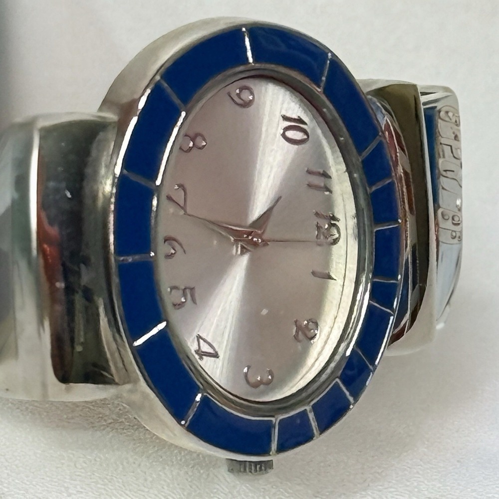 Open Cuff Womens Analog Watch Silver Tone Blue Oval Dial 6.5" Japan Movement - Picture 7 of 8